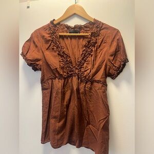 BCBGMaxAzria Cotton & Silk Brown Deep V Neck Empire Blouse
